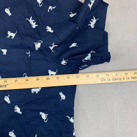 Naked & Famous Mens Shirt XL Navy Blue Hand Drawn Cats Button Up Short Sleeve - Picture 6 of 10